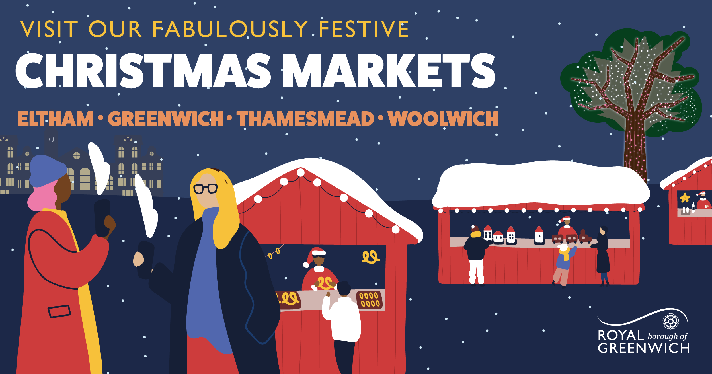 Come along to our Christmas markets across the borough. Graphic with Christmas stalls and families enjoying the market.