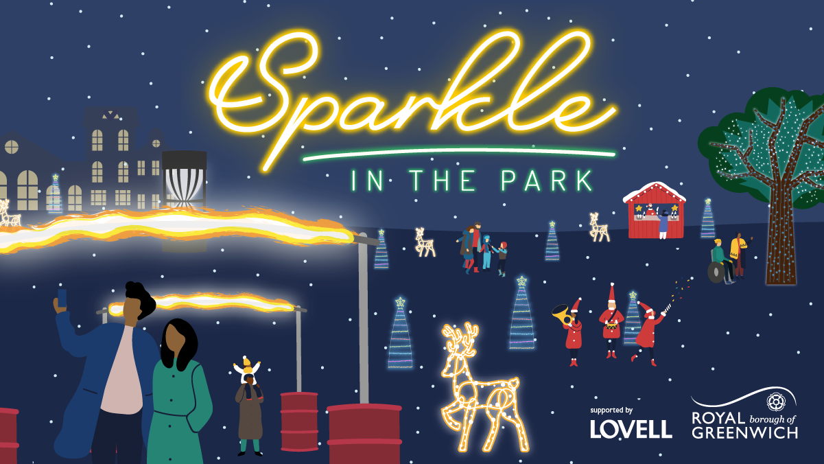 Sparkle in the park design graphic with fire arches, light up reindeers and families enjoying the event