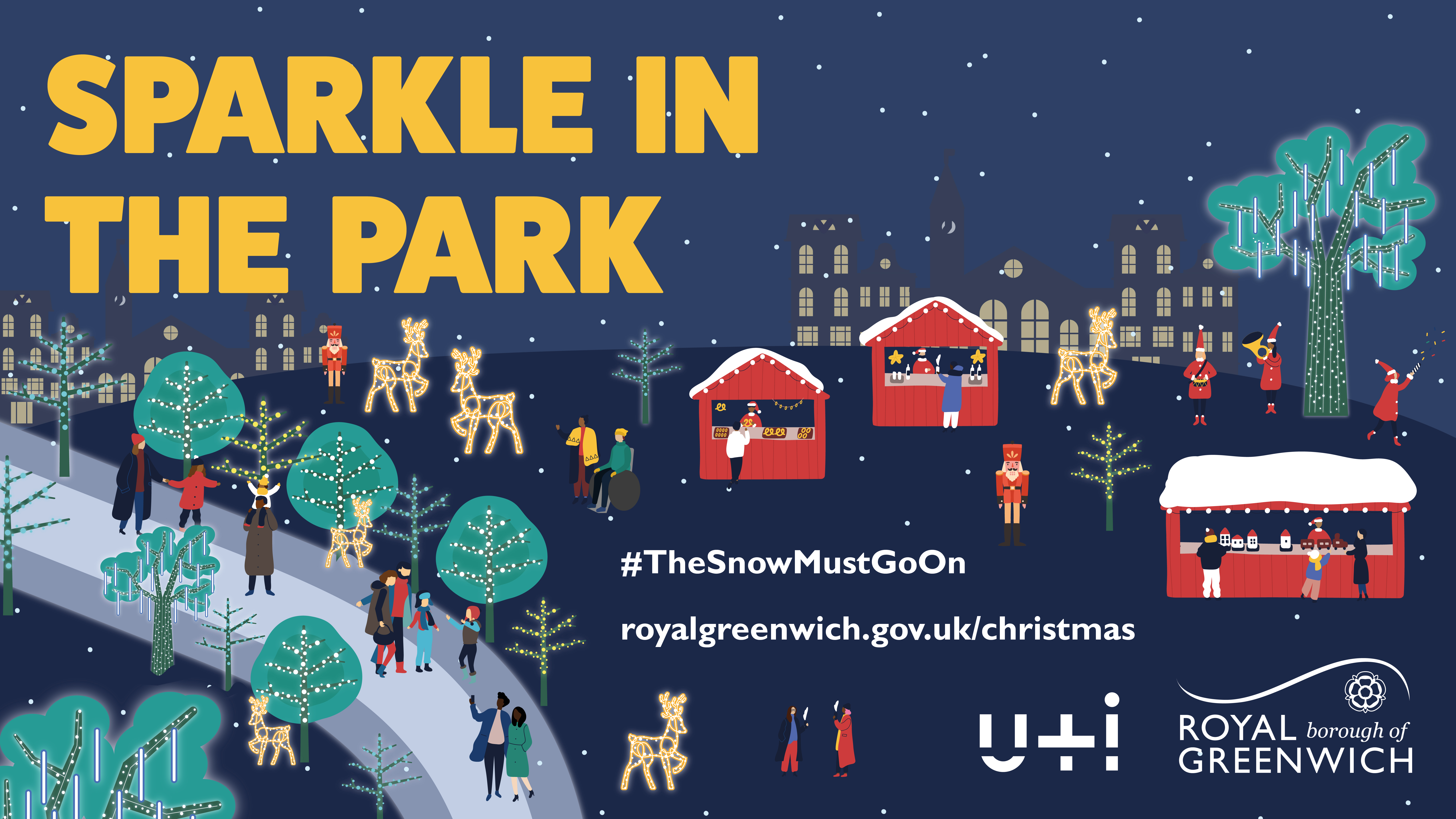 Christmas graphic showing market huts, trees with fairy lights and people walking by illuminated reindeer.
