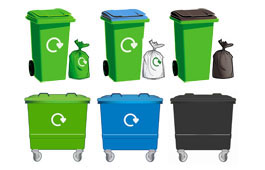 Recycling and waste wheeled bins, sacks and communal bins (green, blue and black(