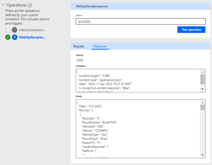 Microsoft PowerApps interface, showing the headers and body of the API response, in JSON format.