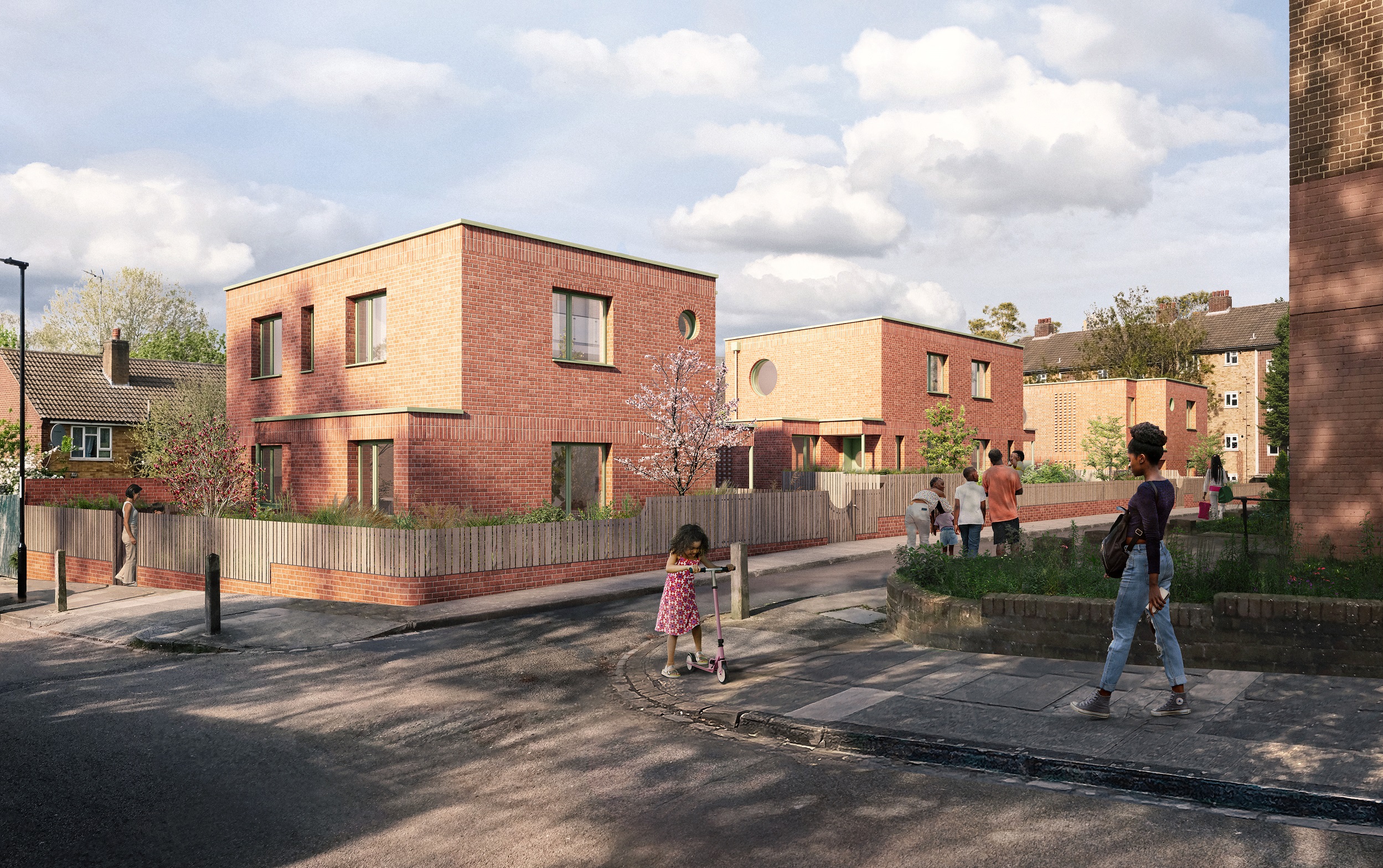 A computer generated image showing how the proposed homes could look, with low rise homes in red brick.