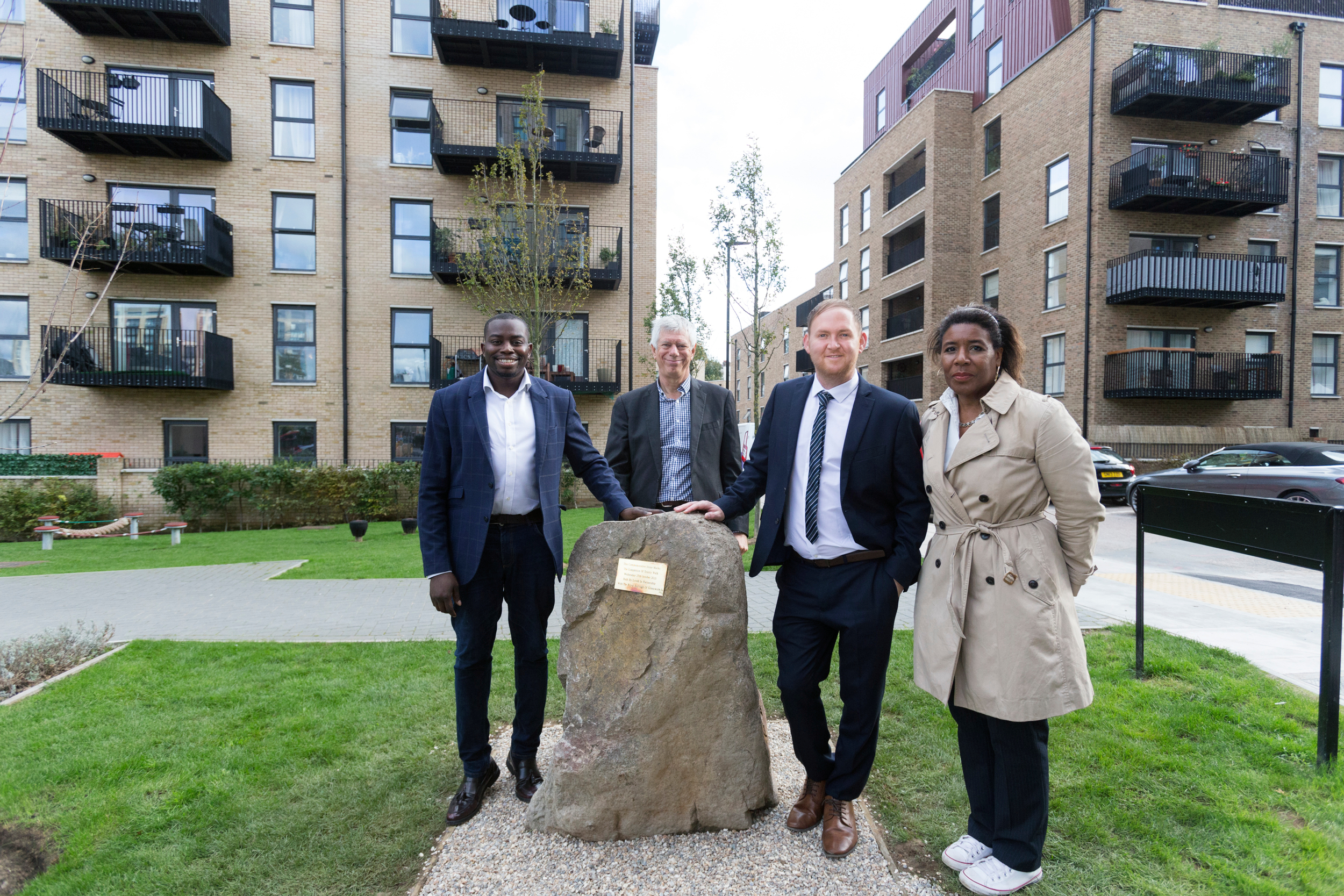 Leader of the council Councillor Danny Thorpe with cabinet members and councillors marking the completion of Tinity Walk in Woolwich.