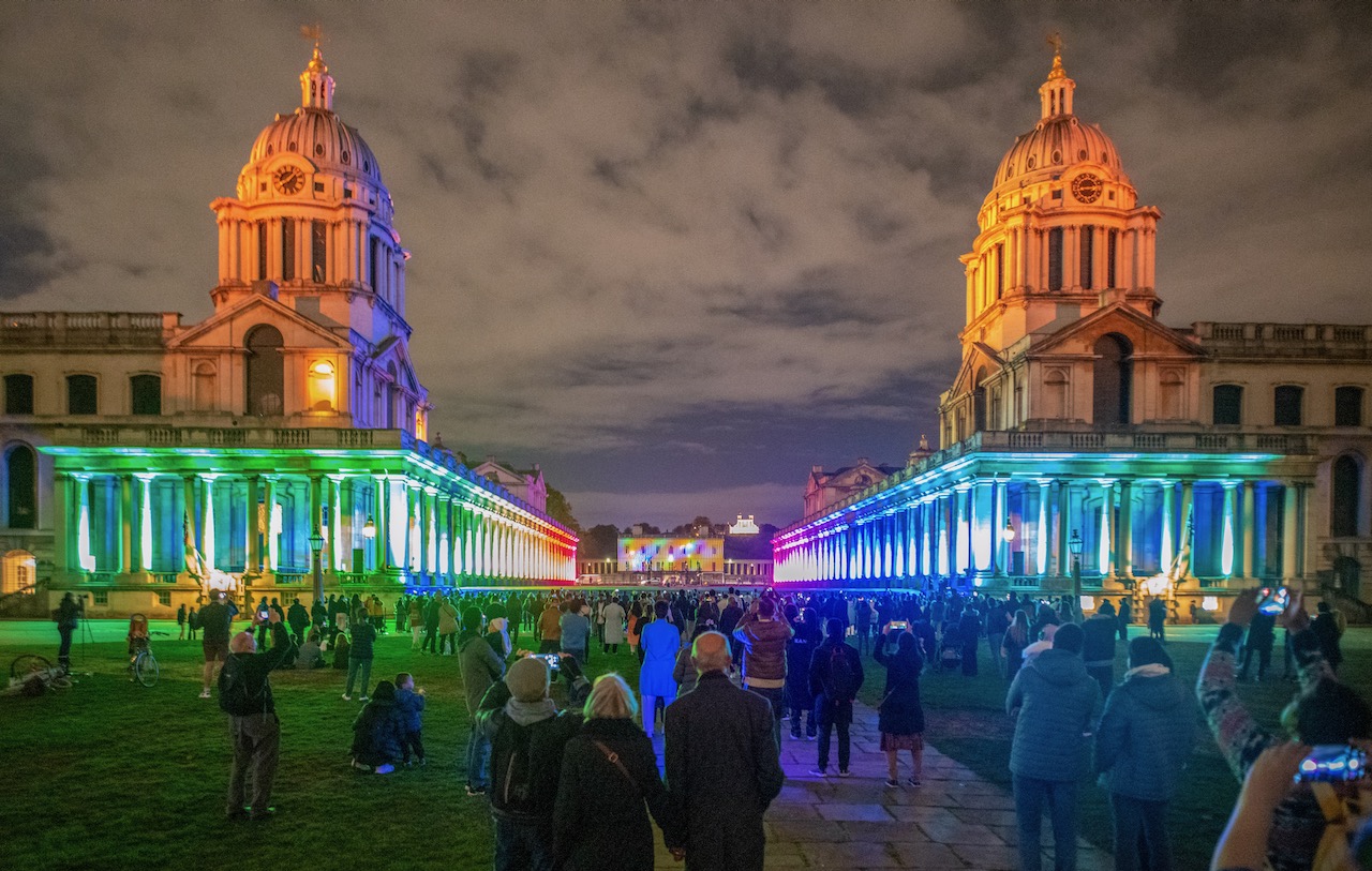 Old Royal Naval College lit up for Greenwich Light Time - Diwali event in October