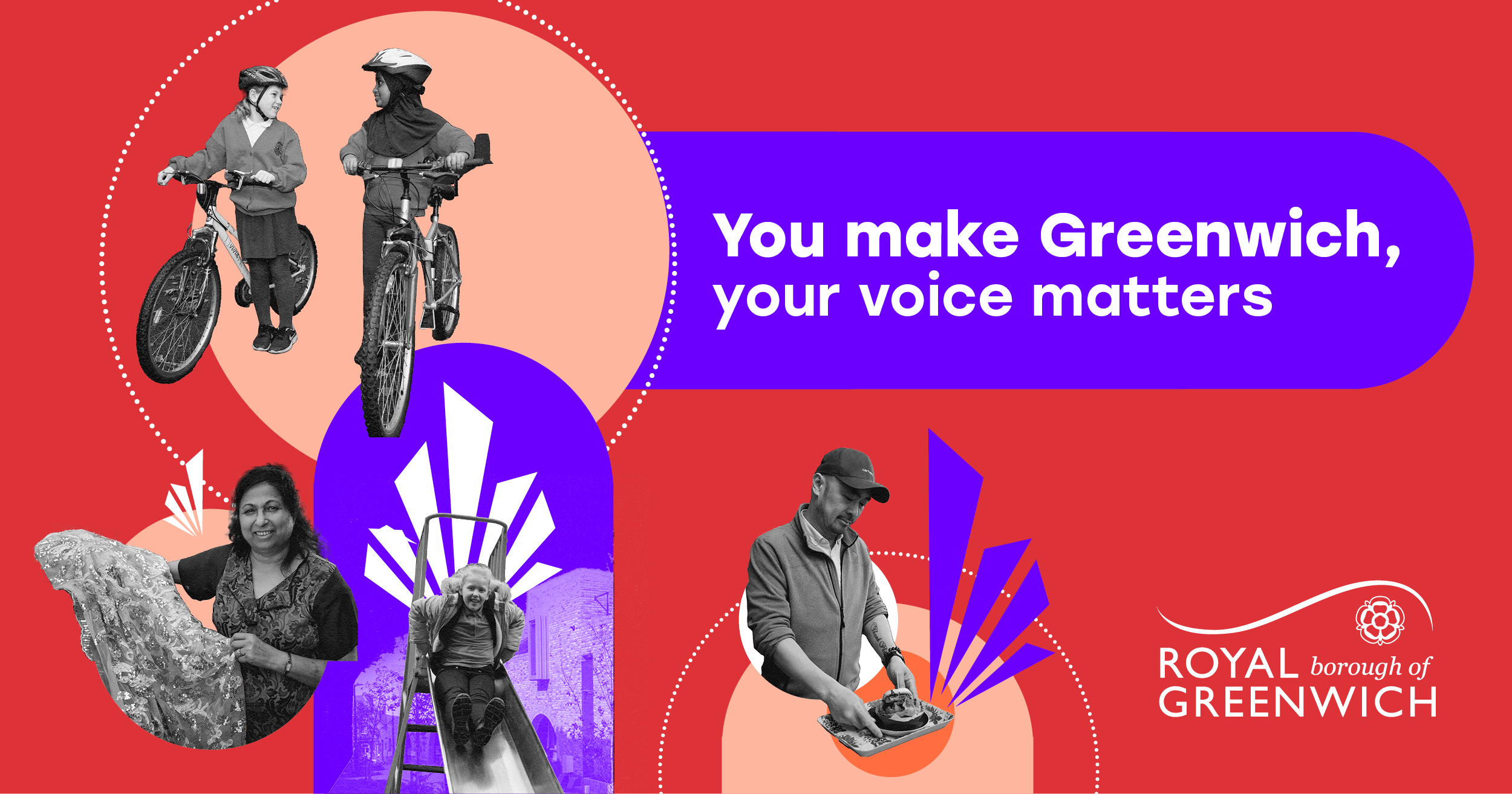 A selection of peope of different ages in grey scale on a red and purple background. Text: You Make Greenwich, Your Voice Matters'