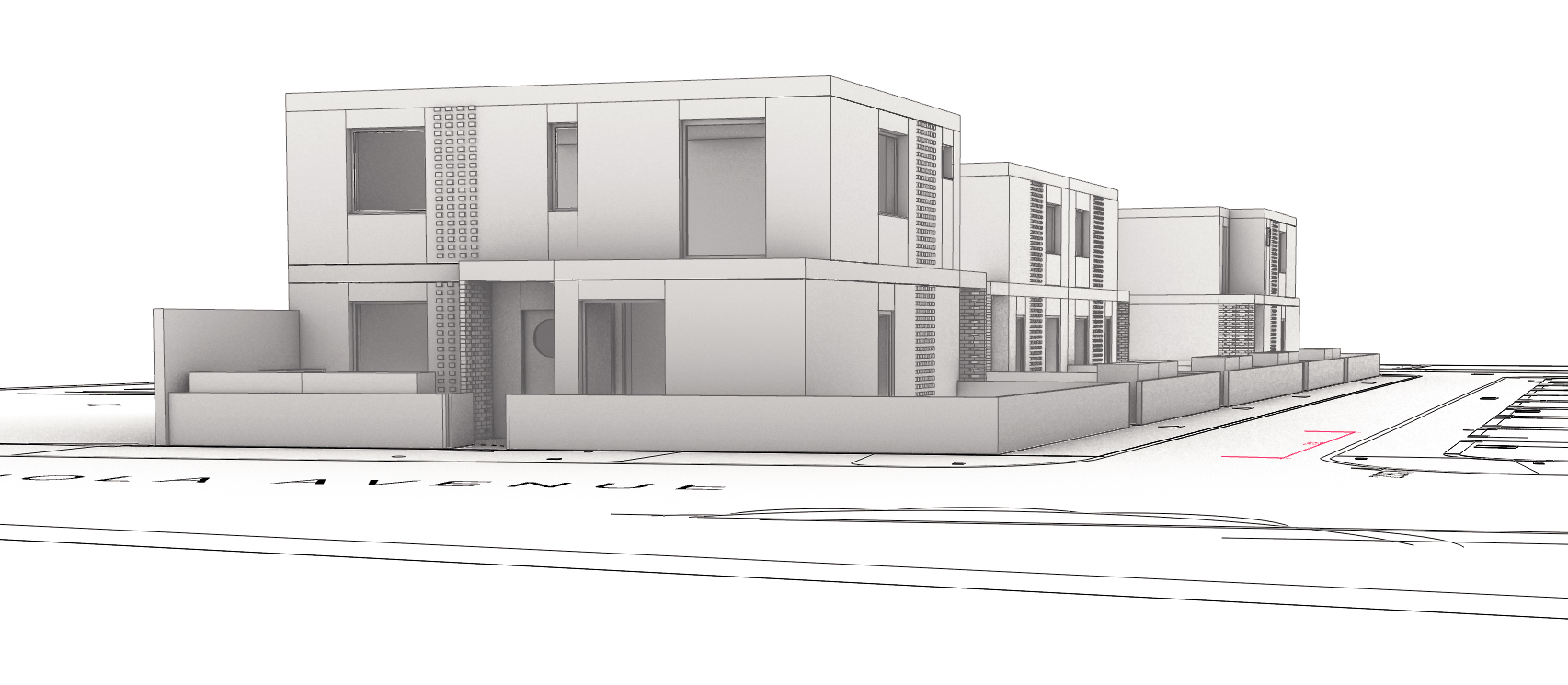 A computer-generated image showing the proposed homes, in three blocks ranging from one to two storeys in height.
