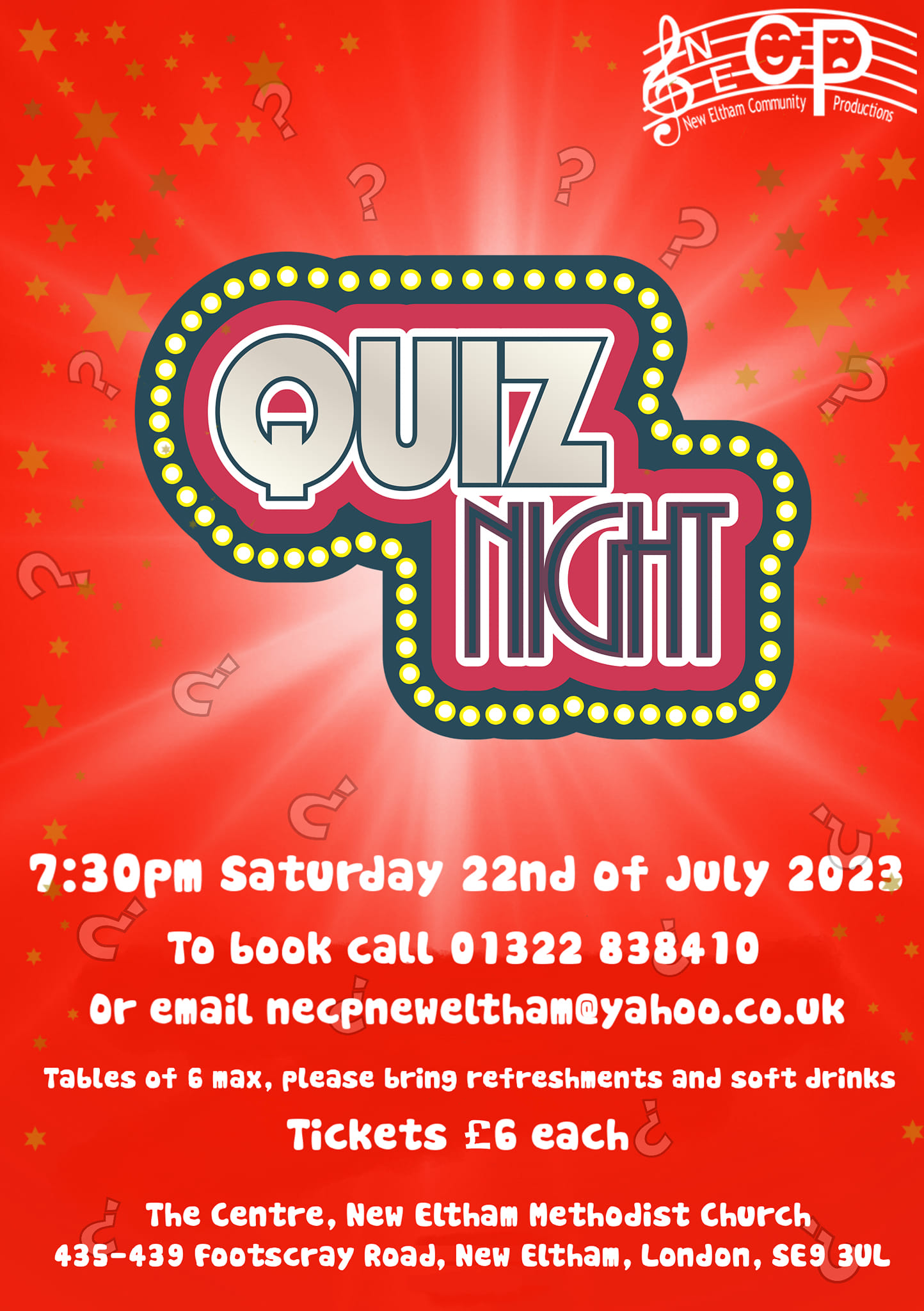 Red poster with "quiz night" with event details written