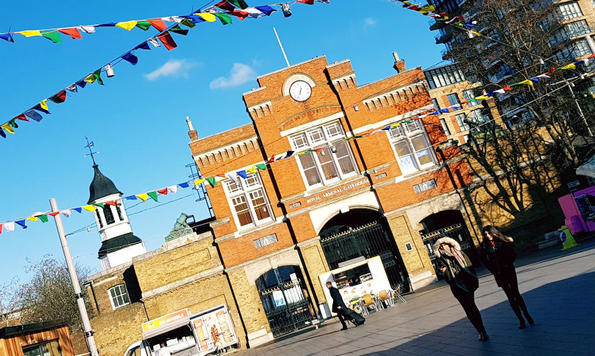 A public square with bunting