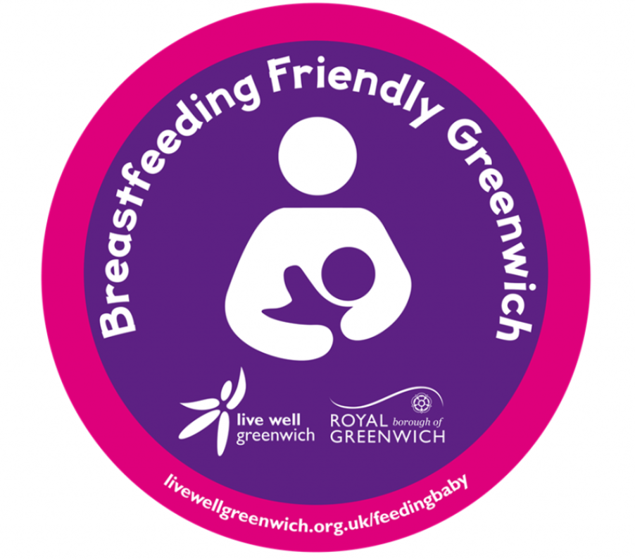 Logo for Breastfeeding Friendly Greenwich. Livewell and Royal Borough of Greenwich logo on a purple circle with an outline of person and baby.
livewellgreenwich.org.uk/feedingbaby