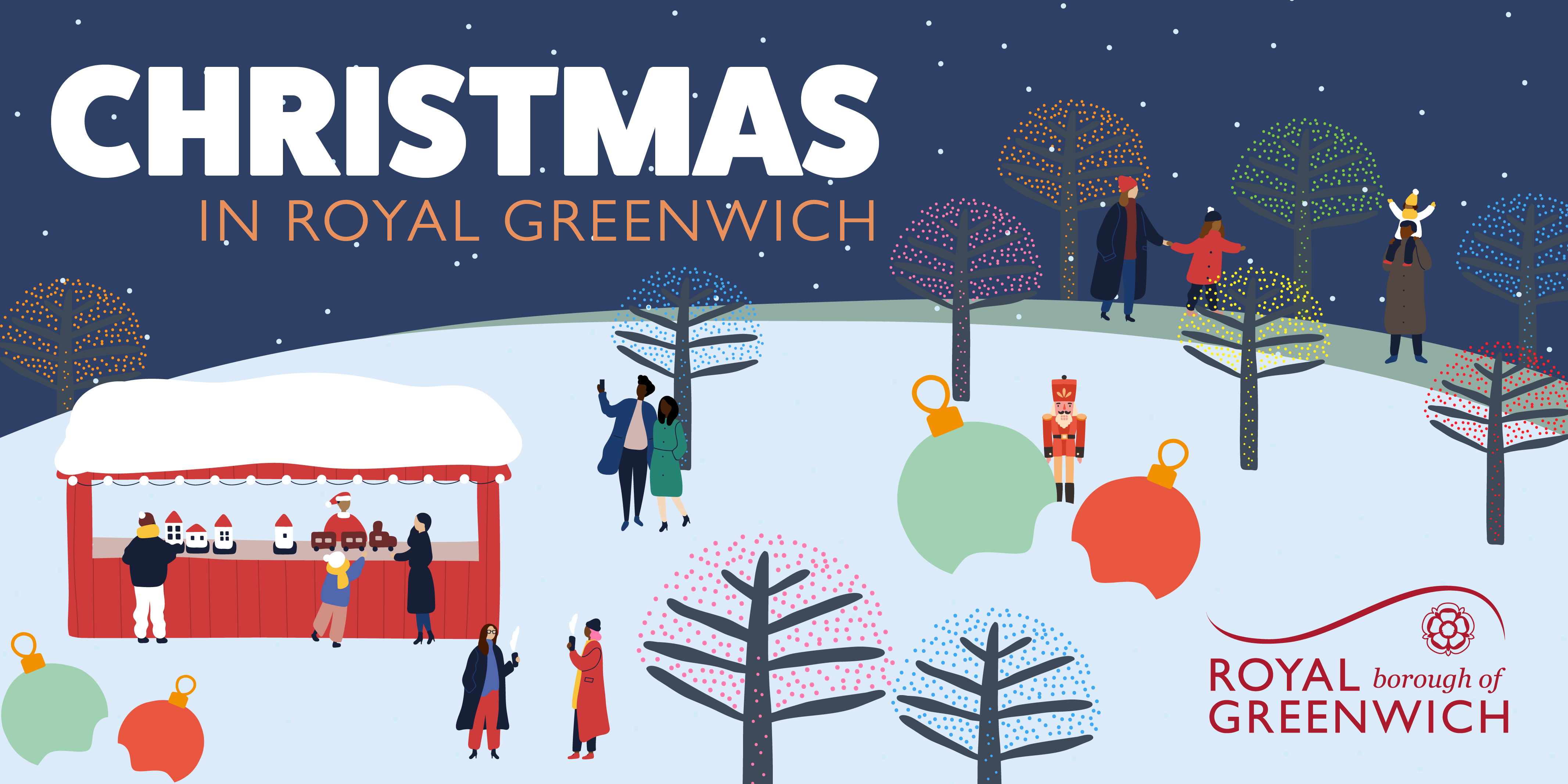 Christmas in Royal Greenwich with illustrations of people in the snow.