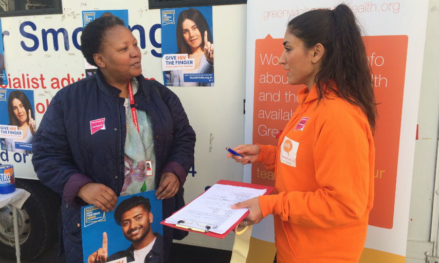 Cllr Averil Lekau and METRO charity officer Andrea at Greenwich Sexual Health Week