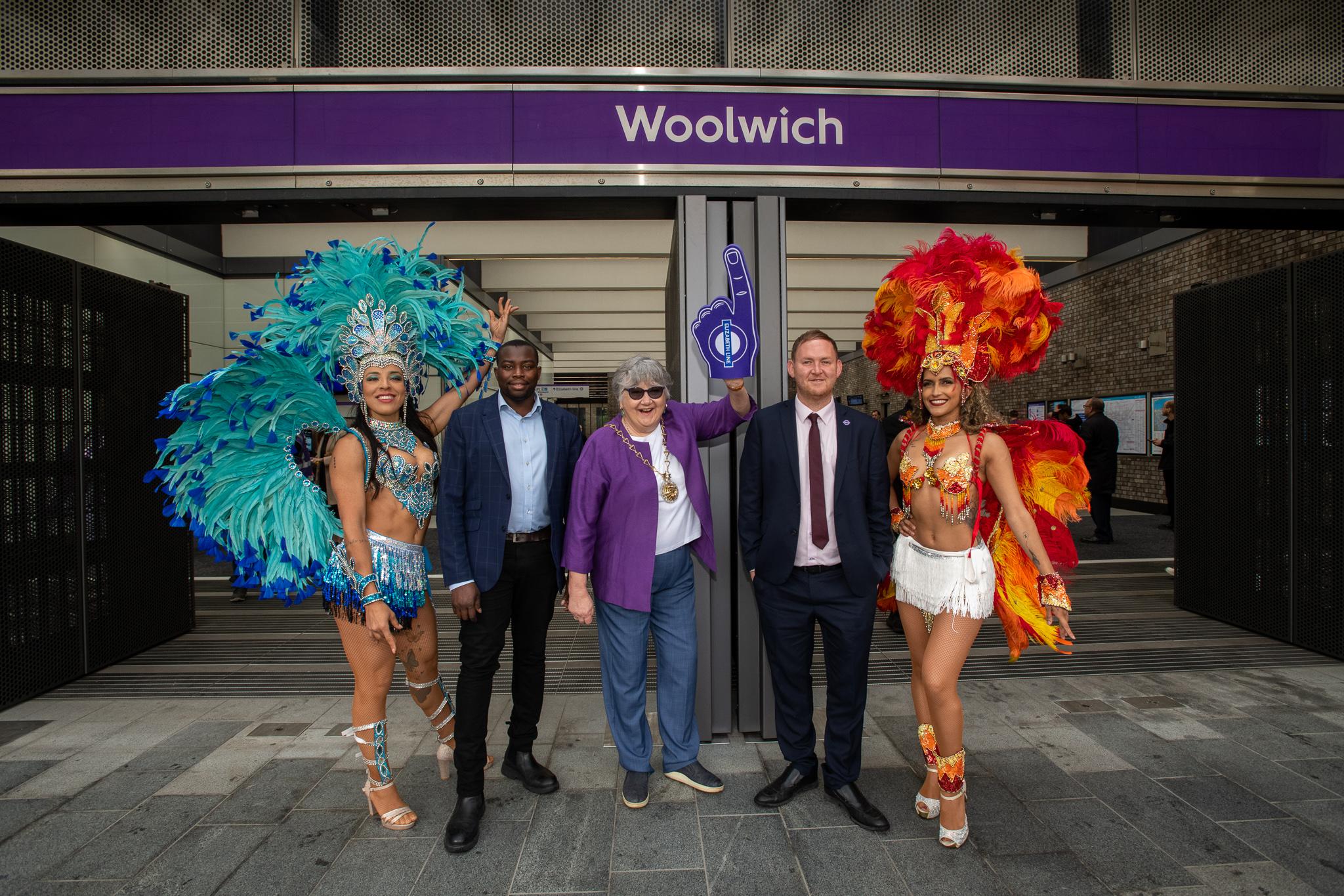 Cllr Okereke, Leader Elect (second left), Cllr Thorpe, Leader (second right), and Cllr Hyland, Mayor (centre) celebrate at Woolwich station