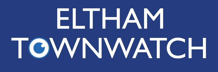 Eltham Townwatch logo, Eltham Townwatch is written in white letters against a blue background.