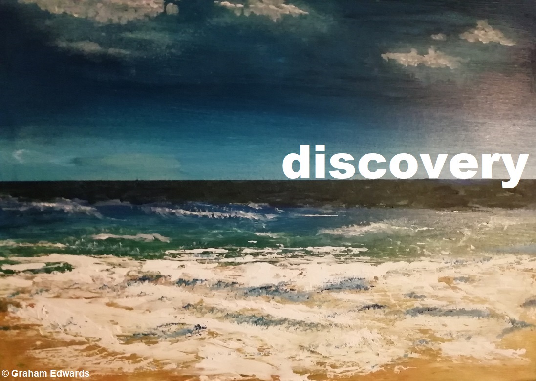 A photo of a painting of a beach landscape. The word 'discovery' is overlaid