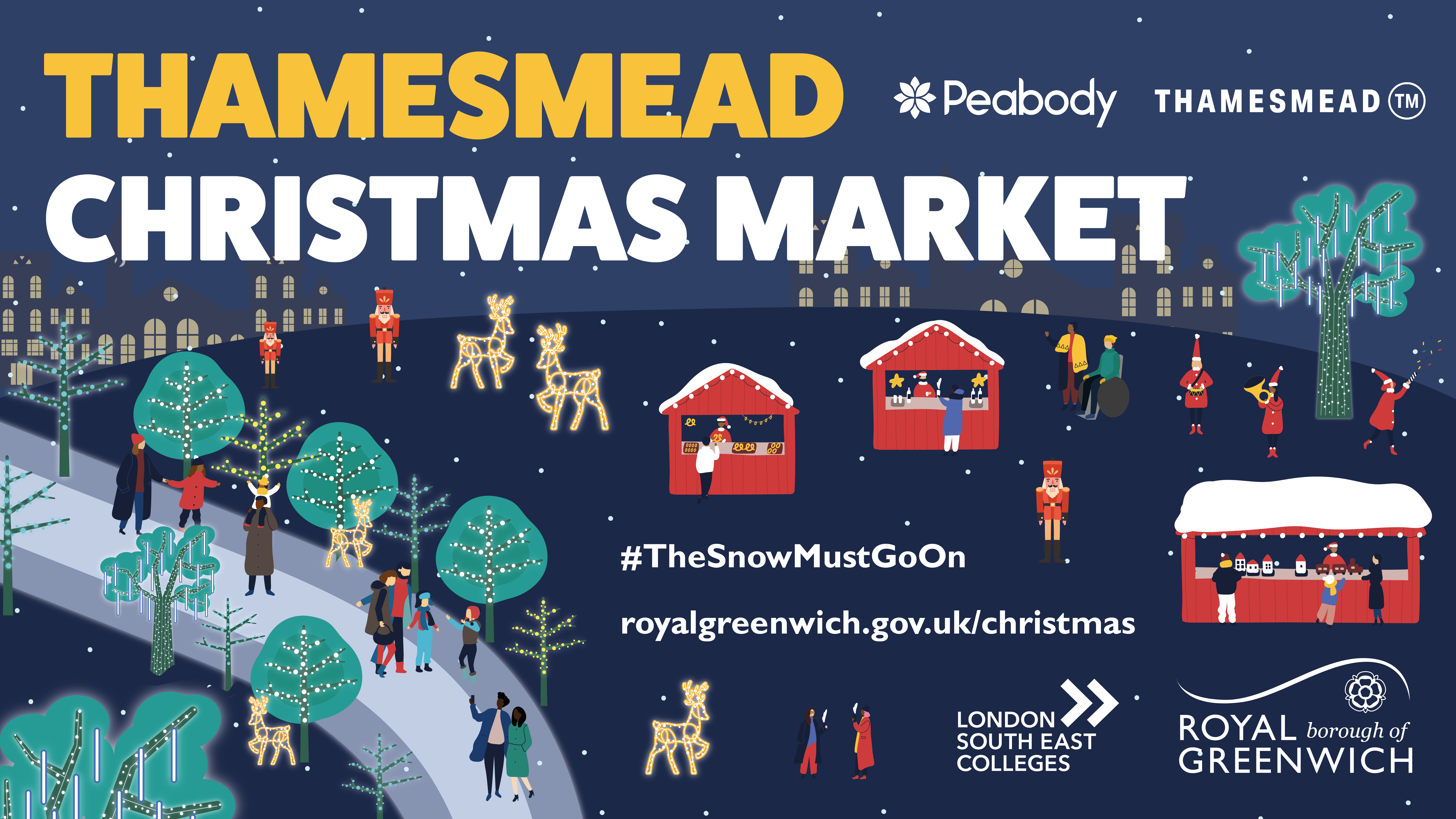 Christmas graphic showing market huts, trees with fairy lights and people walking by illuminated reindeer.