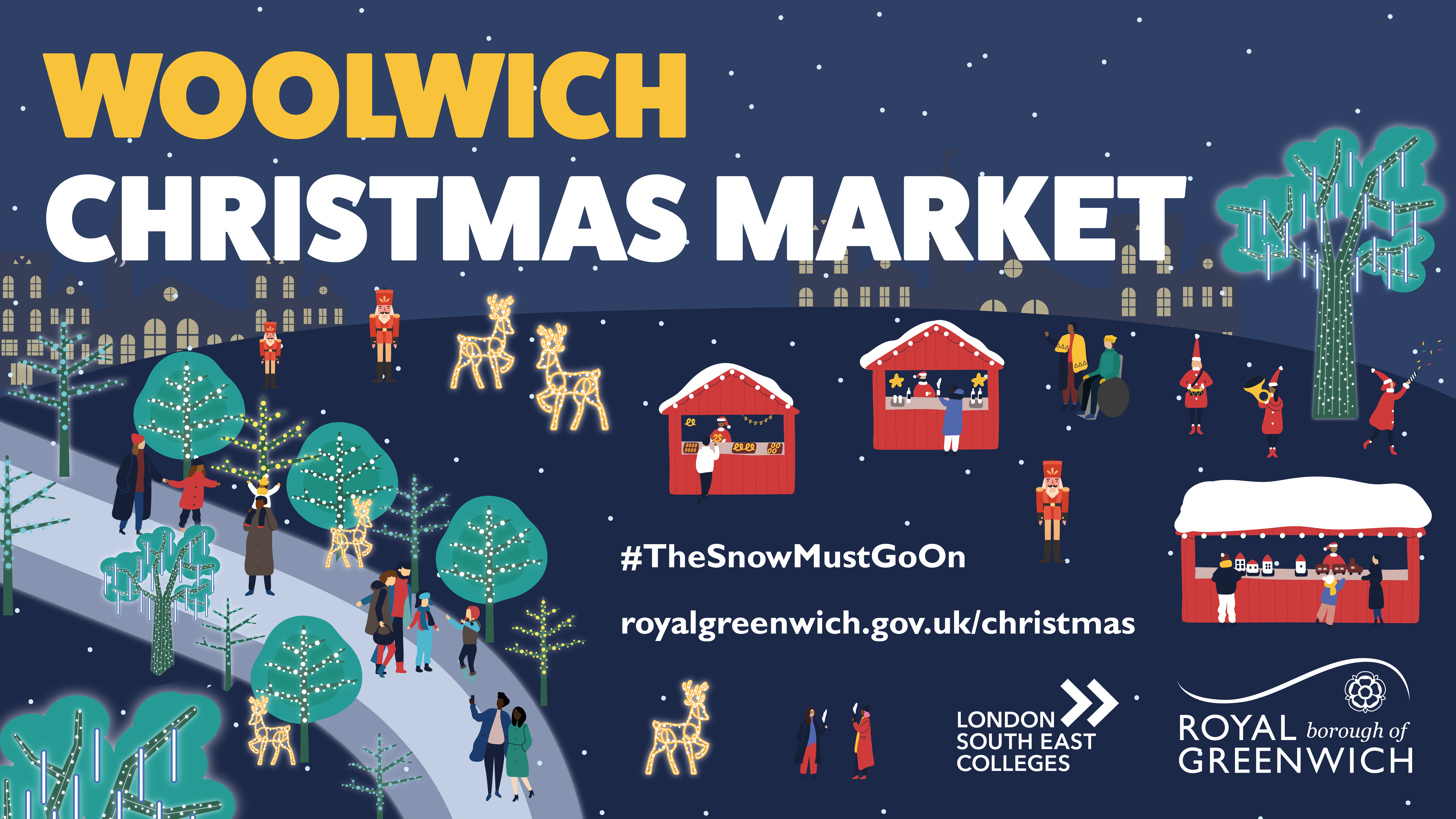 Christmas graphic showing market huts, trees with fairy lights and people walking by illuminated reindeer.