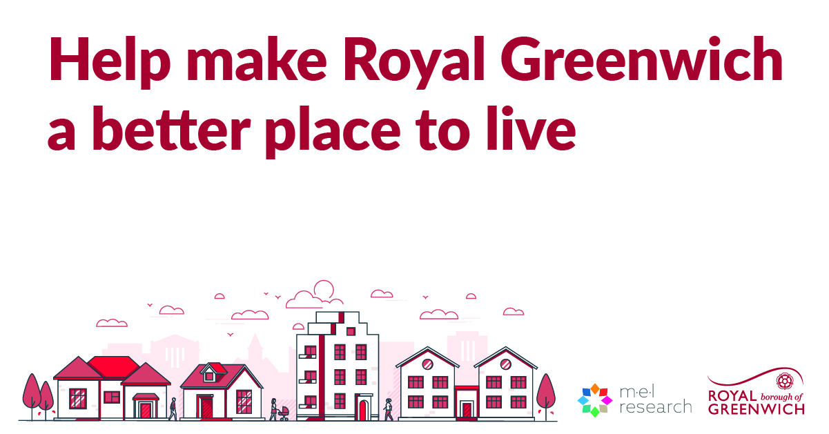 Campaign image of illustrated houses and text reading 'Help make Royal Greenwich a better place to live' in the colours red and white