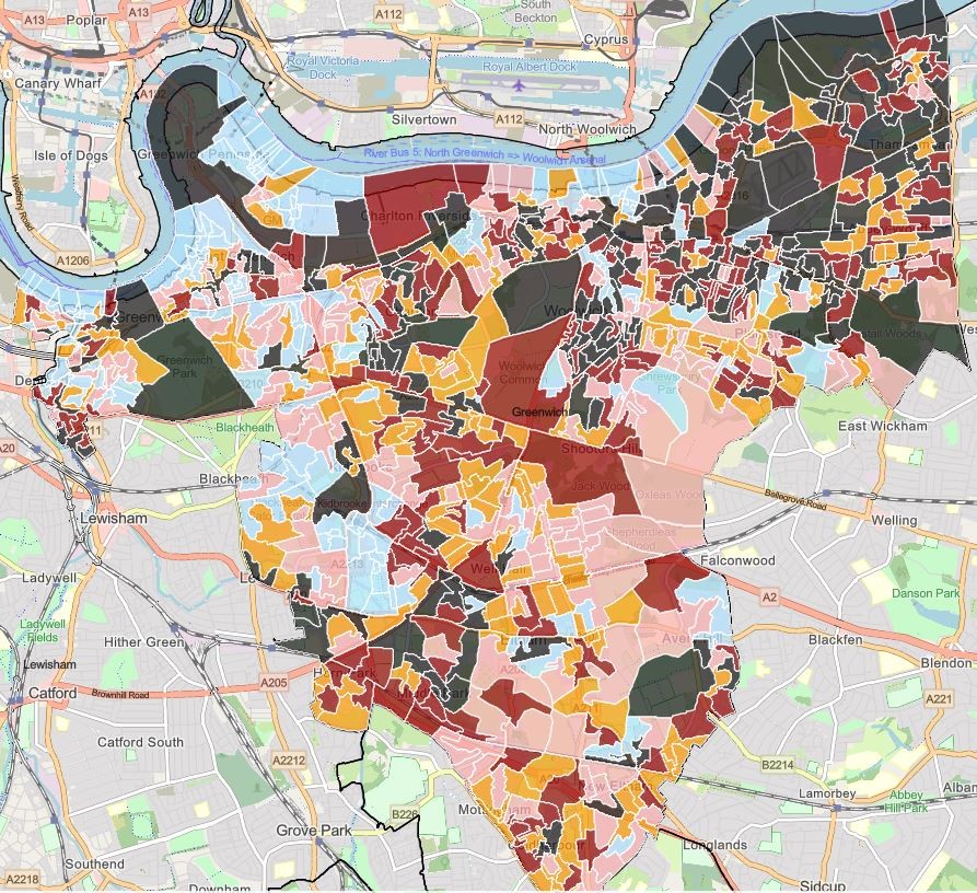Map showing areas of gambling vulnerability in the Royal Borough of Greenwich. The northwest of the borough has more areas within the highest level of vulnerability. Some areas in the east and southeast of Greenwich show areas of high vulnerability too.