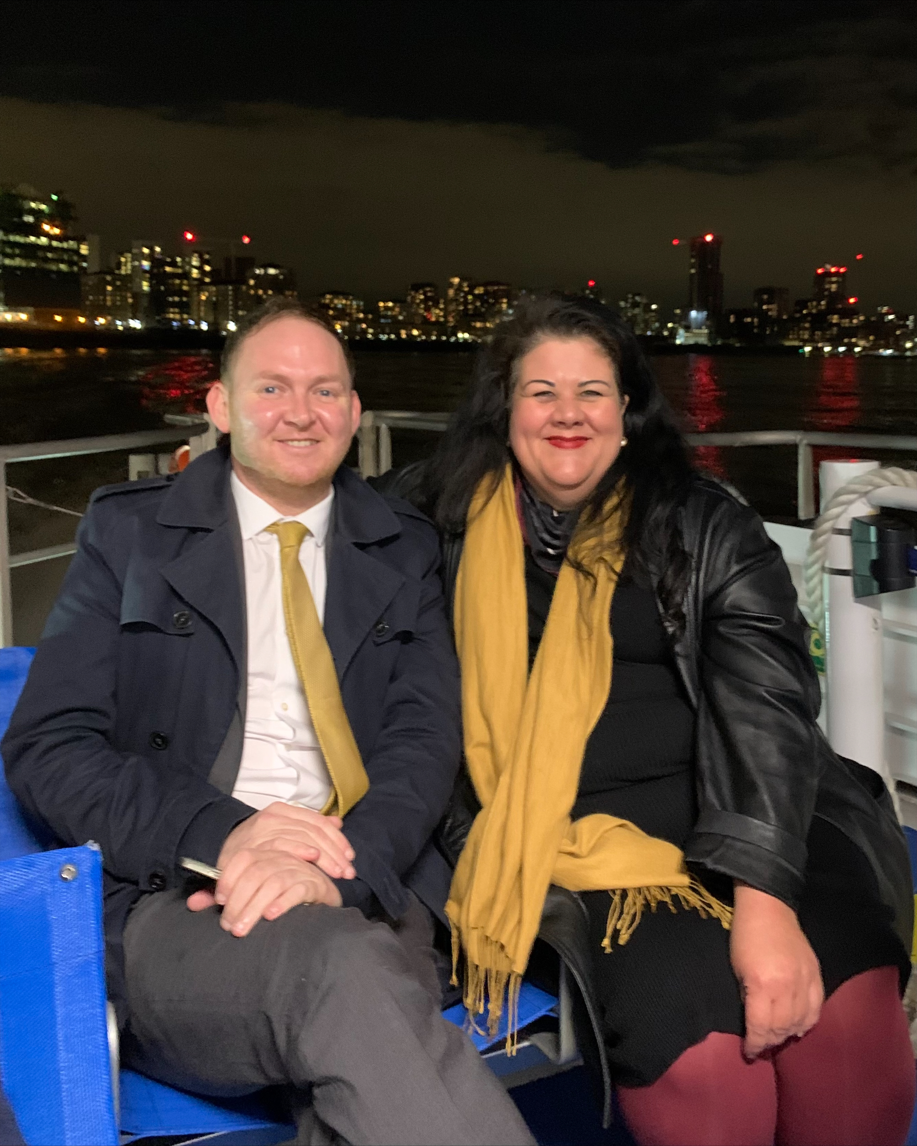 Cllr Danny Thorpe and Night Czar Amy Amy Lamé travelling on the Thames Clipper