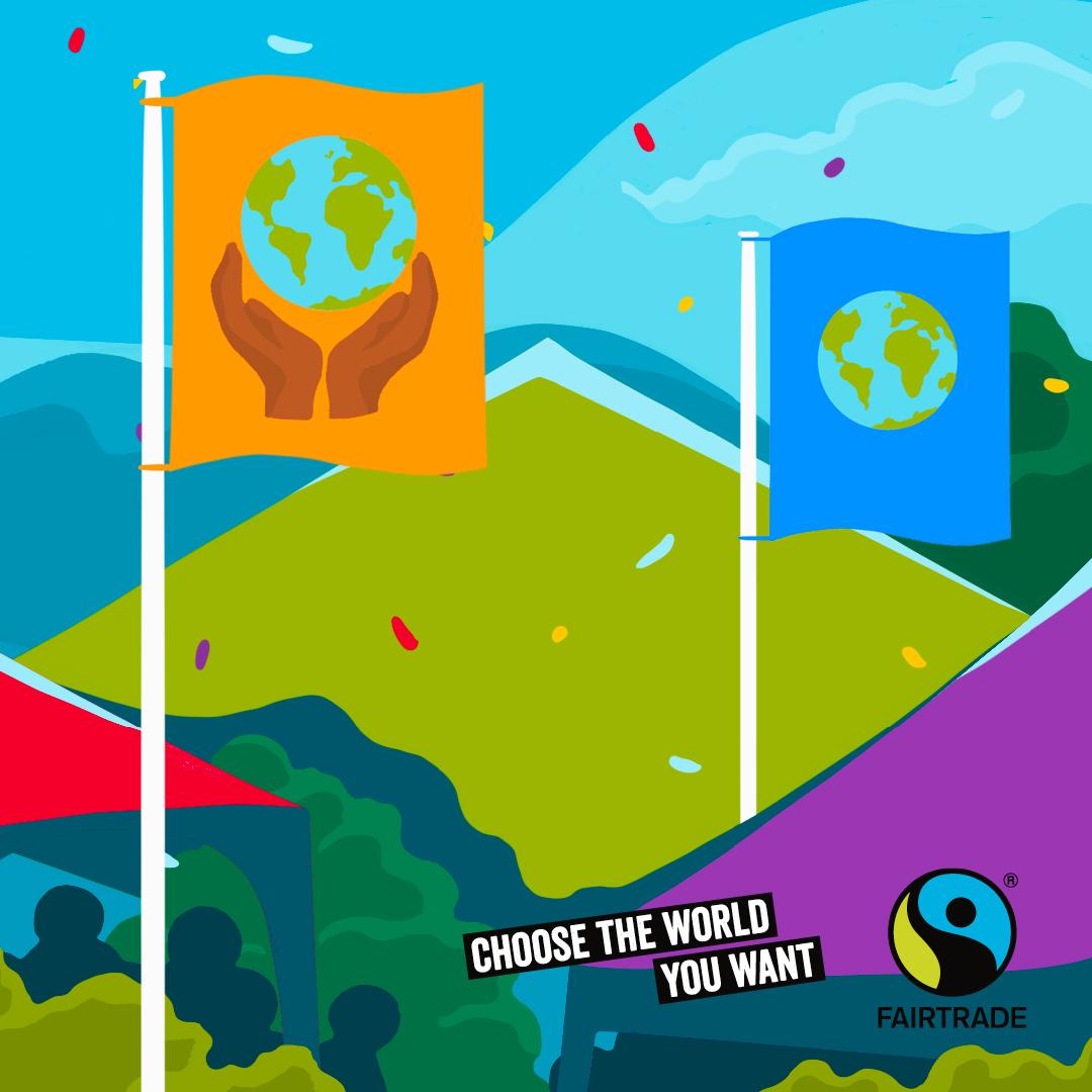 Illustration featuring Fairtrade flags with hands holding globe