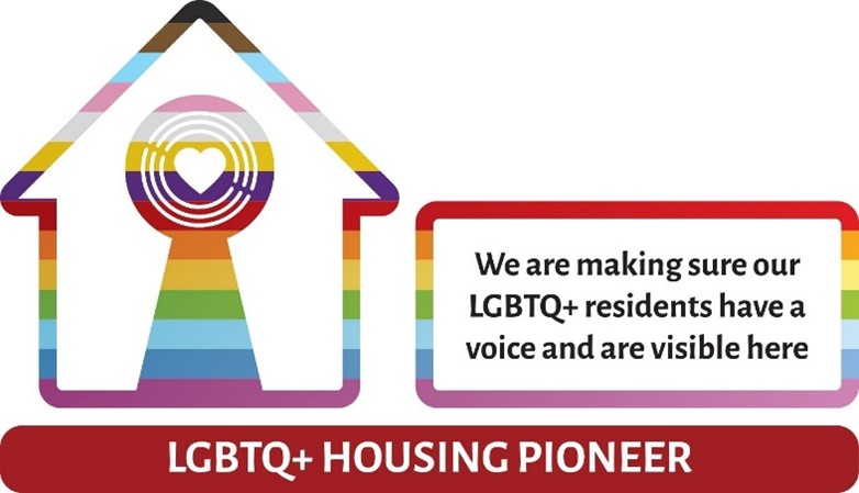 Logo reading 'House Proud Pledge Pioneer' with a key hole filled with LGBTQ+ flag colours