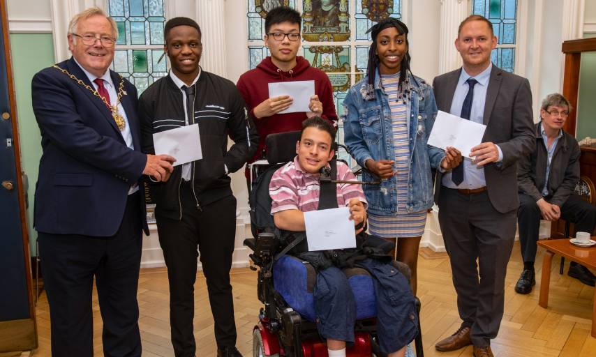 Winners of the Mair Garside Education and Career Award with the Leader and Greenwich Mayor, Mick Hayes