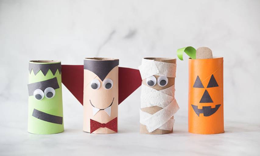 Halloween decorations made out of toilet roll. Frankenstein, Vampire, Zombie and Pumpkins.