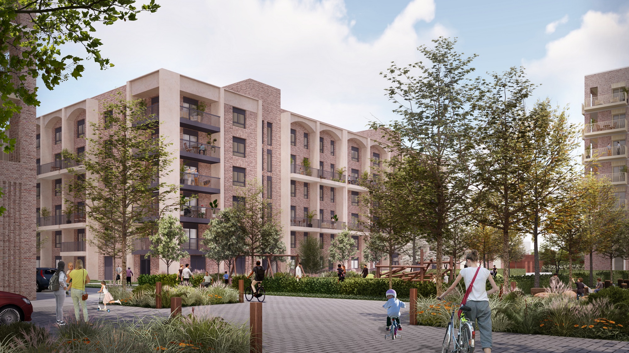 Computer generated image of apartment building proposed for the entrance to Kidbrooke Park Road South