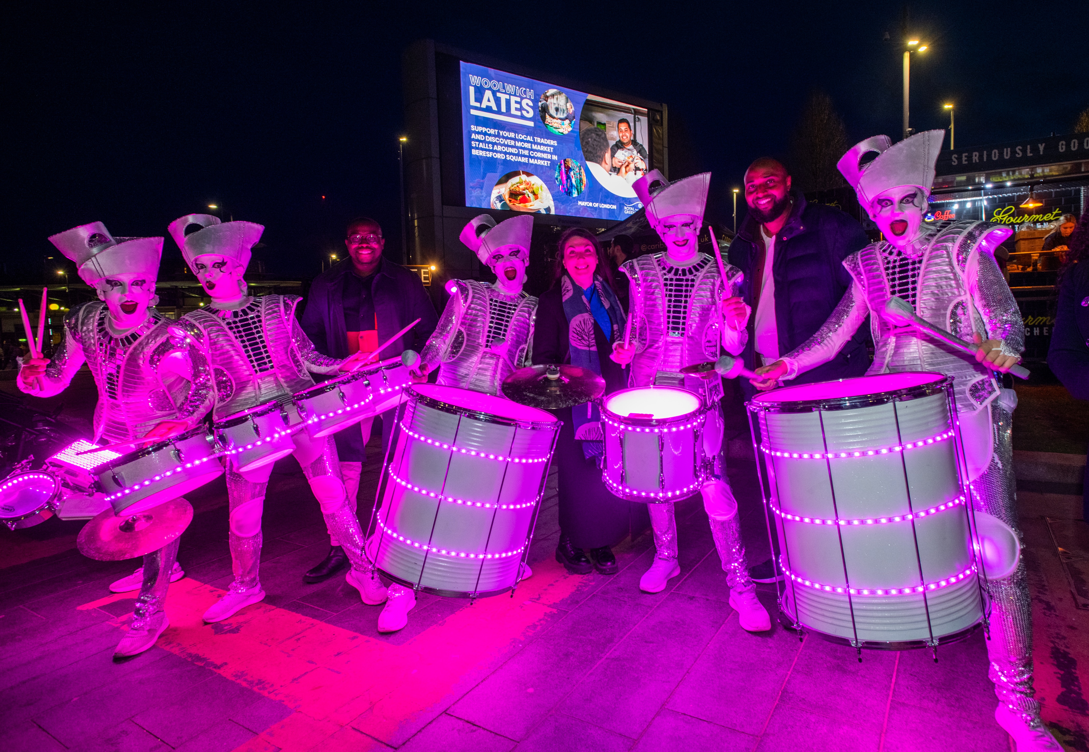 Spark! LED Drummers with Cllr Okereke, Cllr Lolavar and Cllr Khaireh