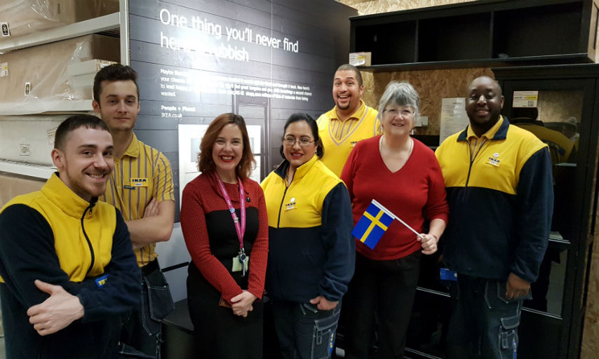 Councillor Denise Hyland and Lisa Stubbs from Lewisham South East Colleges, standing with IKEA Greenwich employees recruited through GLLaB