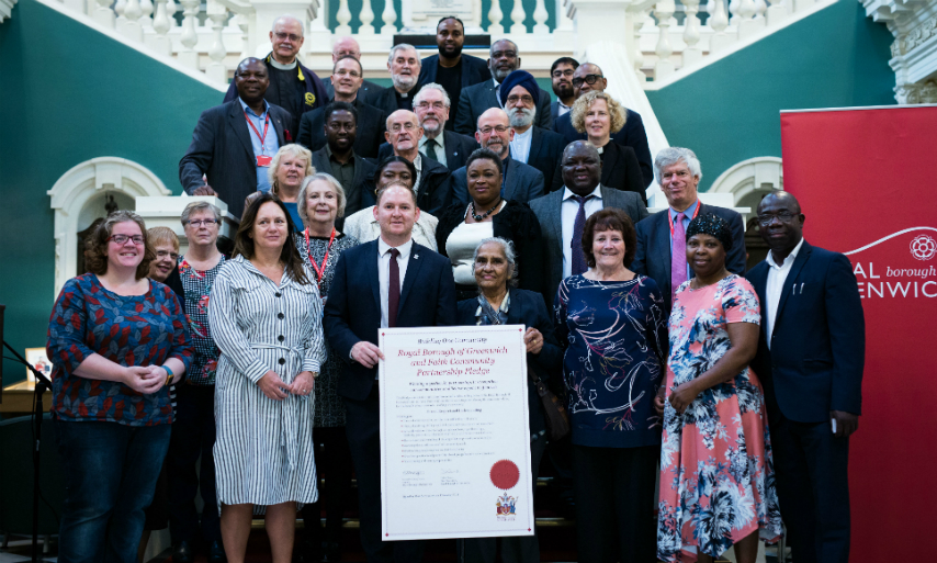 Cllr Danny Thorpe (centre) Chief Executive Debbie Warren (centre left) joined by Cllrs and faith leaders with the Faith Community Partnership Pledge