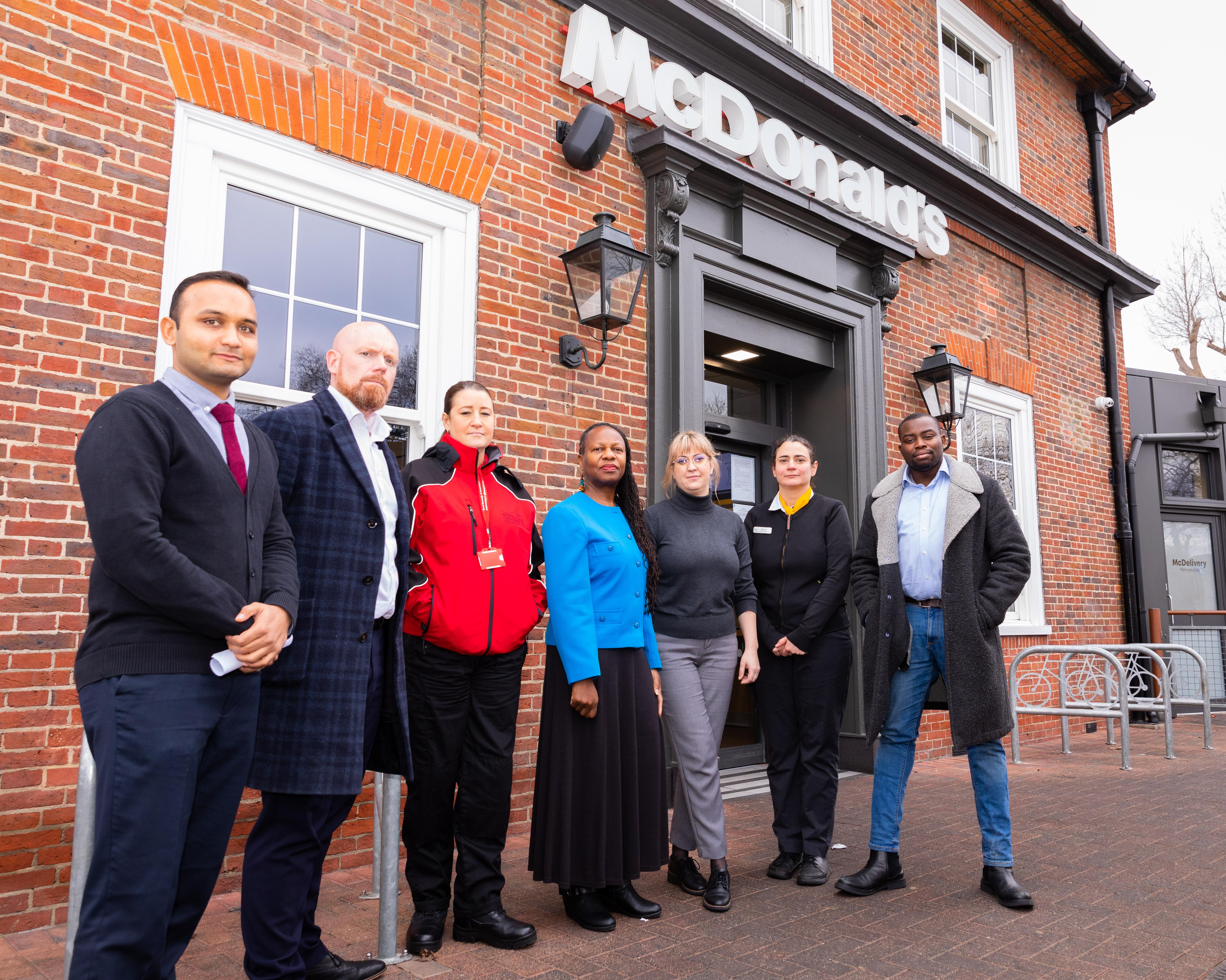 The Yorkshire Grey Safehaven Superhub team, outside McDonald's with Cllrs Anthony Okereke and Ann-Marie Cousins