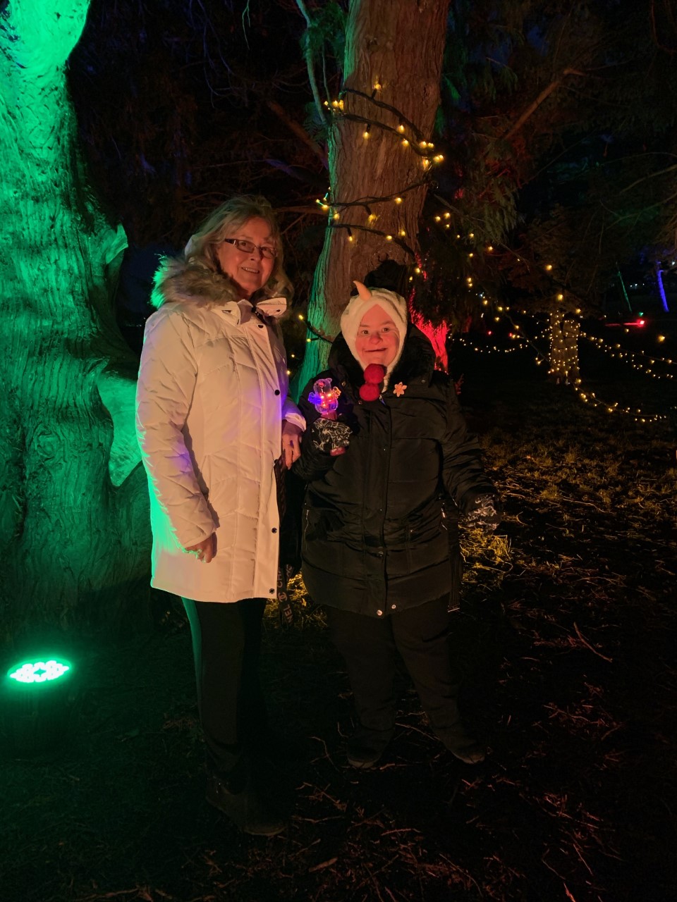 Two people standing by fairy-lit tree.