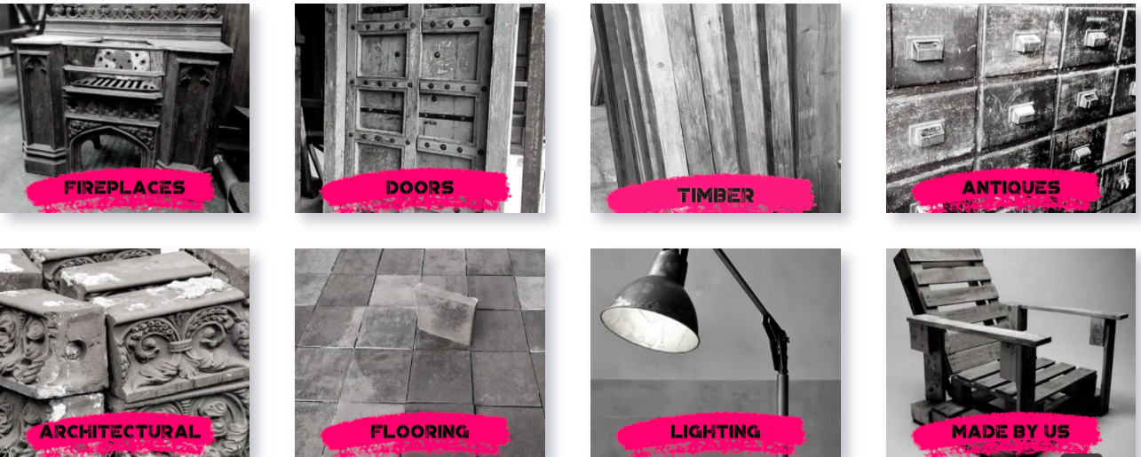 8 black and white images of items in 8 boxes, 4 across and 2 down. The first is a fireplace, the second is a door, the third is some timber leant up against a wall, the fourth is some old fashioned drawers labelled antiques. On the second row is an archit