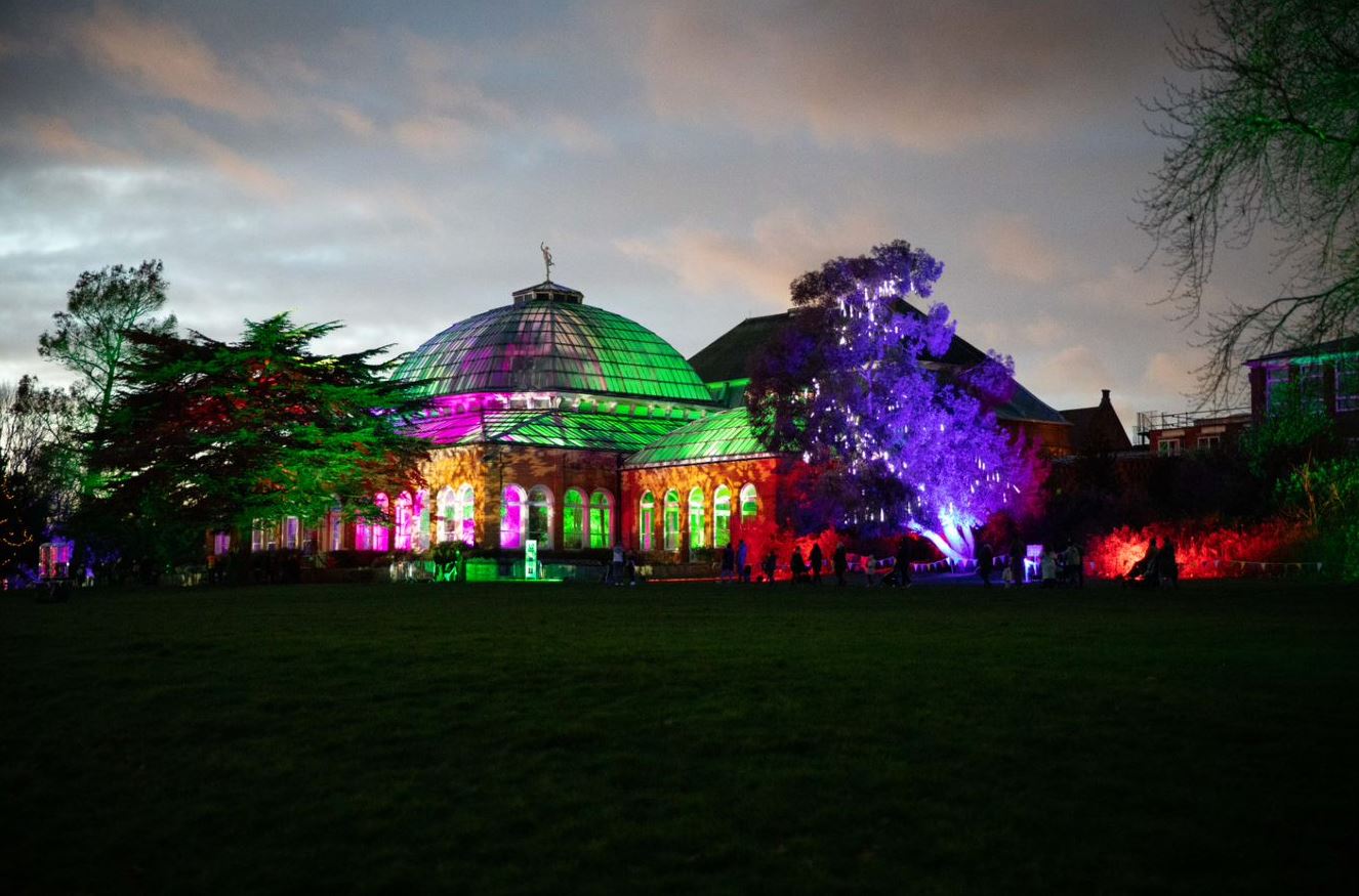 Building lit up in colours of the rainbow at night