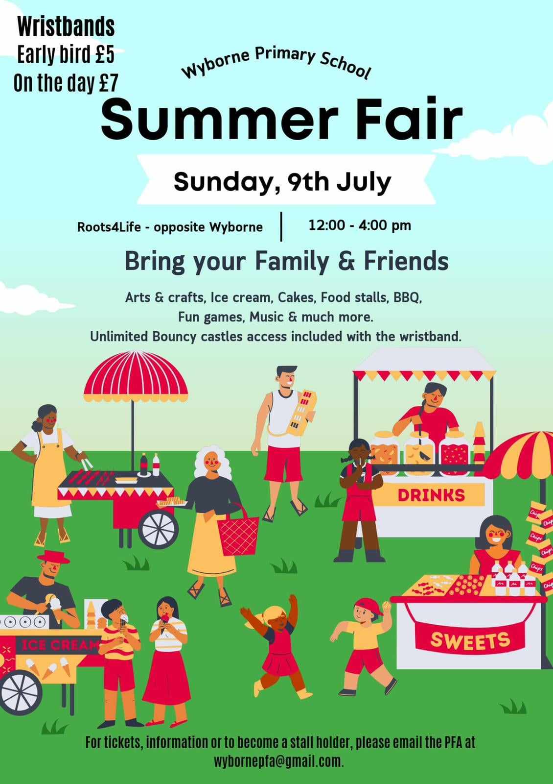 Summer fair flyer with event information and people enjoying food stalls in a park