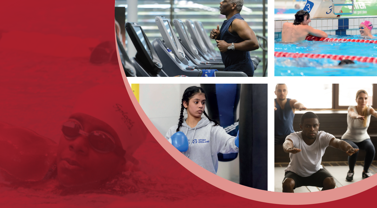 Images of sport including running machine, swimming, boxing and a fitness class.