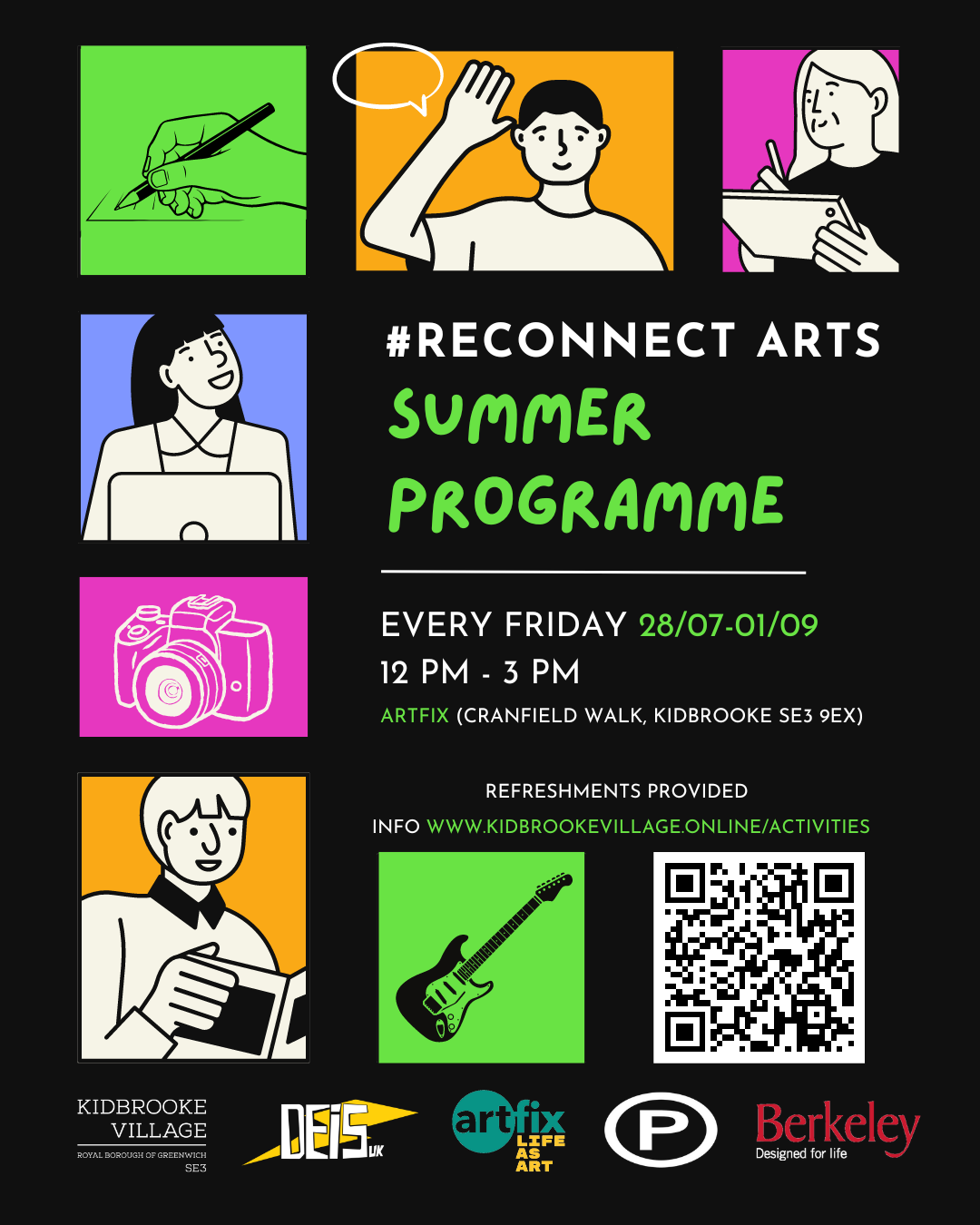 Reconnect Summer Arts poster with date and location information and illustrations of people making art