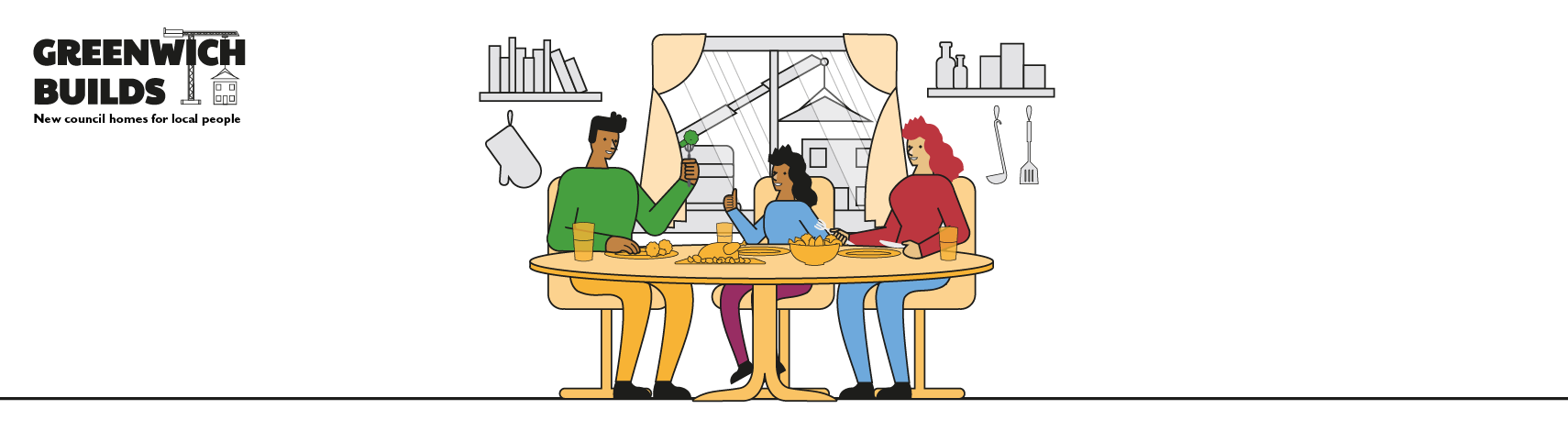 Illustration of a family at a dinner table with Greenwich Builds construction in the background