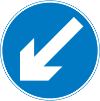 Blue circle with a white arrow pointing downwards to the left