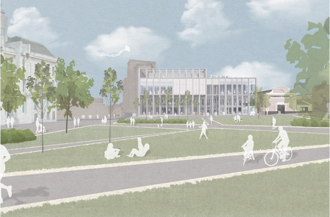 Artist impression of view of new leisure centre from General Gordon Square