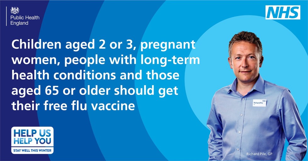 NHS Flu Jab Poster: Children ages 2 or 3, pregnant women, people with long-term health conditions and those ages 65 or older should get their free flu vaccine.