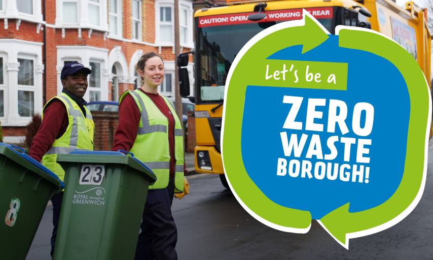 A black man and a white woman in high vis jackets are smiling at the camera. The man pulls a black bin and the woman pulls a green bin along  towards the front of a yellow bin lorry. There's a 'Let's be a zero waste borough' logo on the right of the image