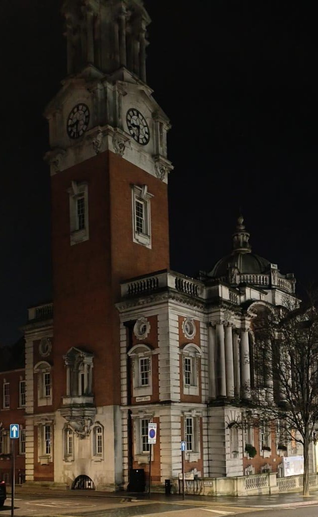 Photograph of Woolwich Town Hall with its lights turned off