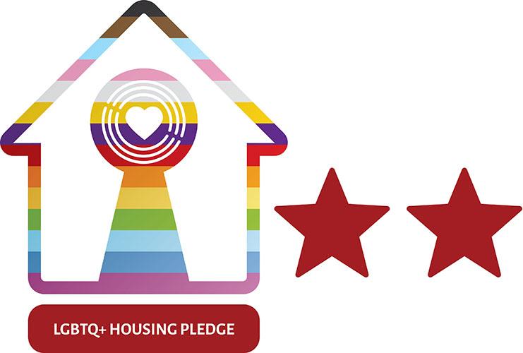 Logo of LGBTQ+ Housing Pledge featuring a house with rainbow colours and two red stars to the right of it.