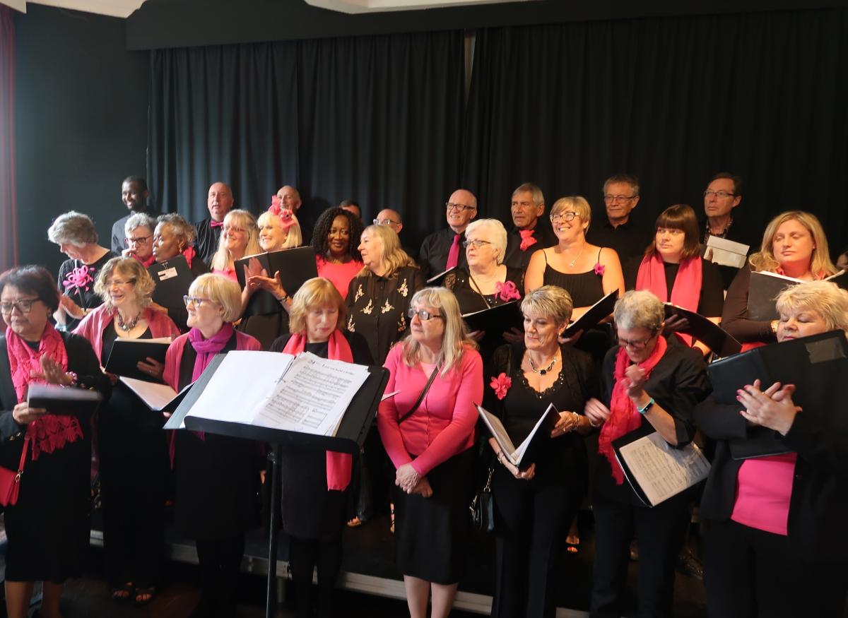 A choir of singers wearing pink and black outfits