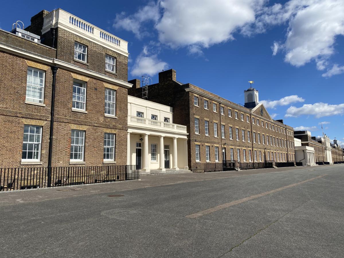 A photo of Woolwich Barracks, showing a historical building of between two and three storeys.