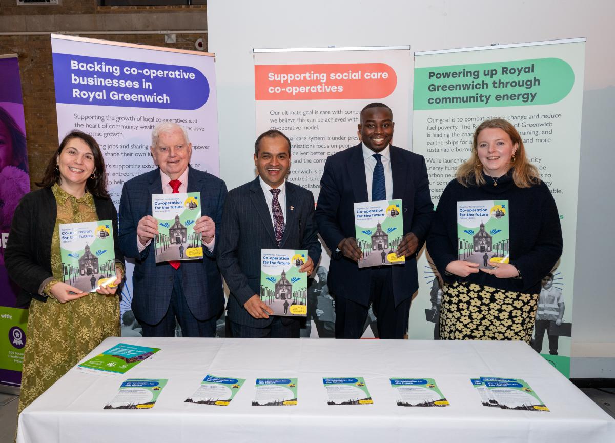 Councillors Mariam Lolavar, John Fahy, Jit Ranabhat, Leader Anthony Okereke, Maisie Richards Cottell holding our new strategy Together for Greenwich