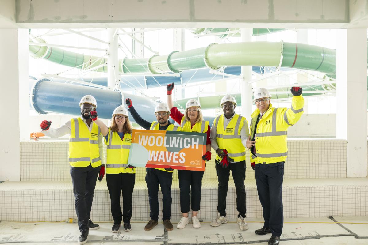 A group picture marking the naming of the new Woolwich leisure centre. (left to right): Cllr Joshua Ayodele, Cllr Rachel Taggart-Ryan, Cllr Majid Rahman, Cllr Sandra Bauer, Cllr Anthony Okereke, Peter Bundey, GLL Chief Executive