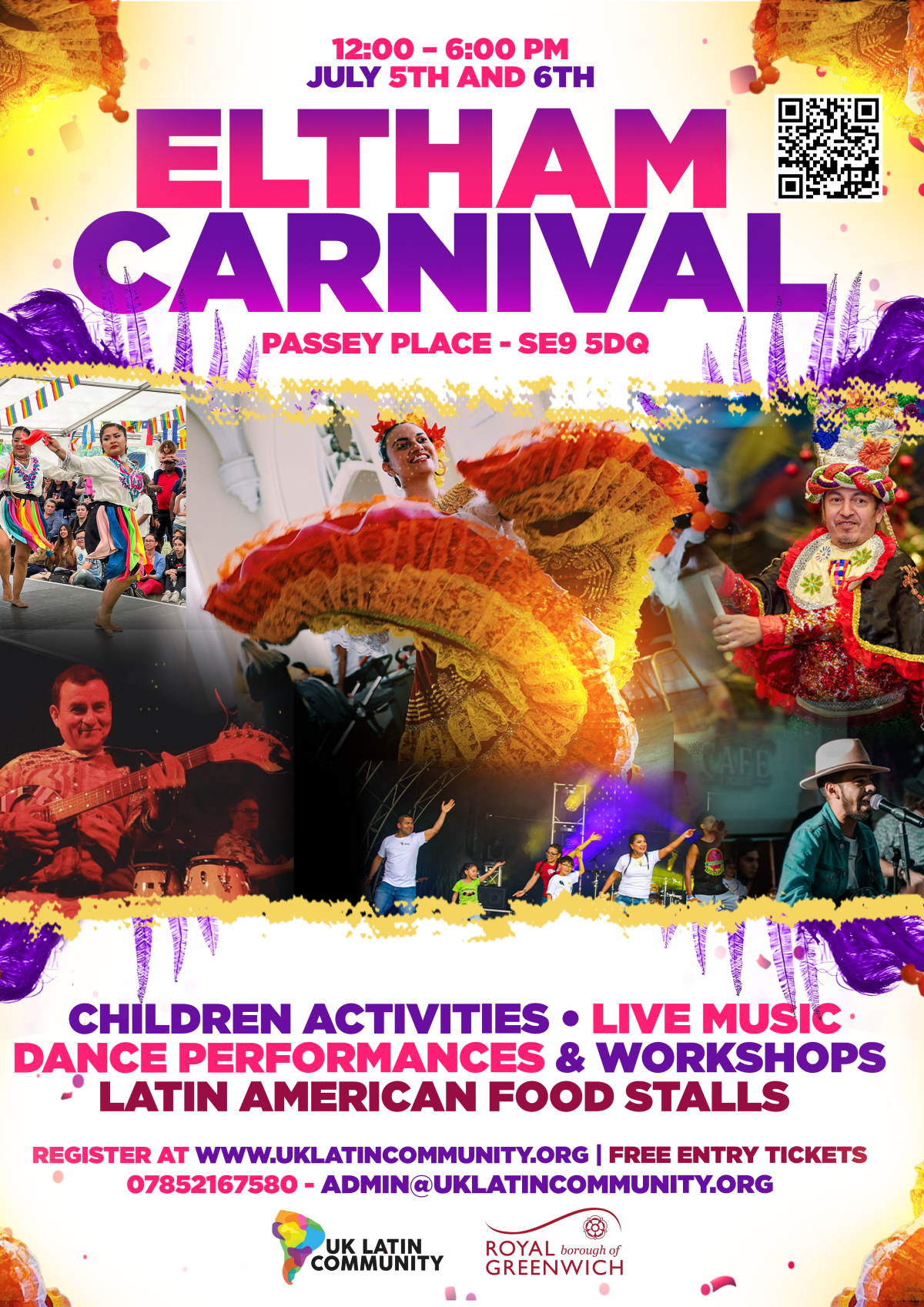 Image with photos of people in Latin costume smiling and dancing. Text reads: Eltham Carnival